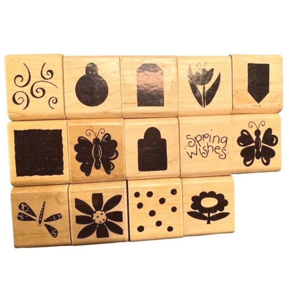 Wooden Rubber Stamps Variety Set Floral Tags Butterfly Craft Supplies